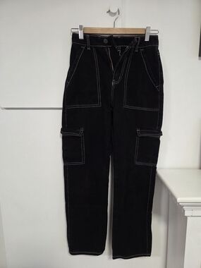Black Cargo Utility Pants with Contrast Stitching